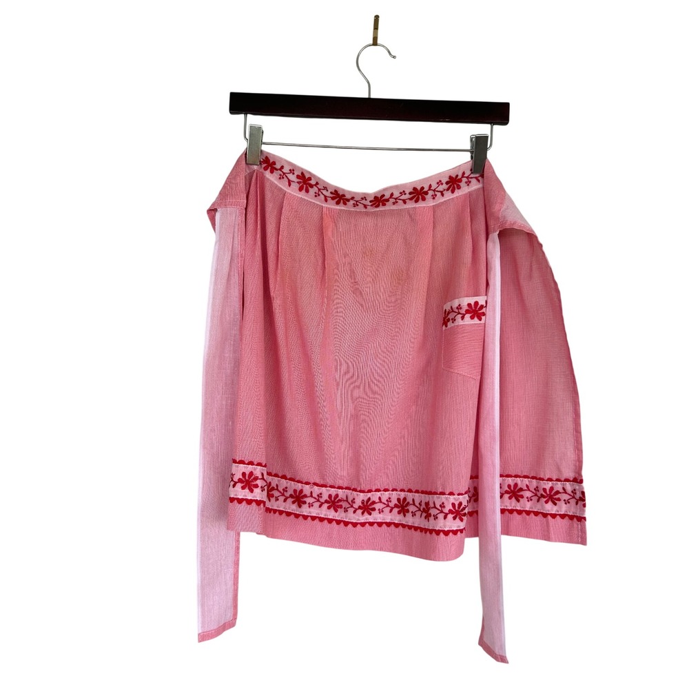 Vintage Cottagecore Half Apron Womens Pink Red Floral Embroidered Stripe